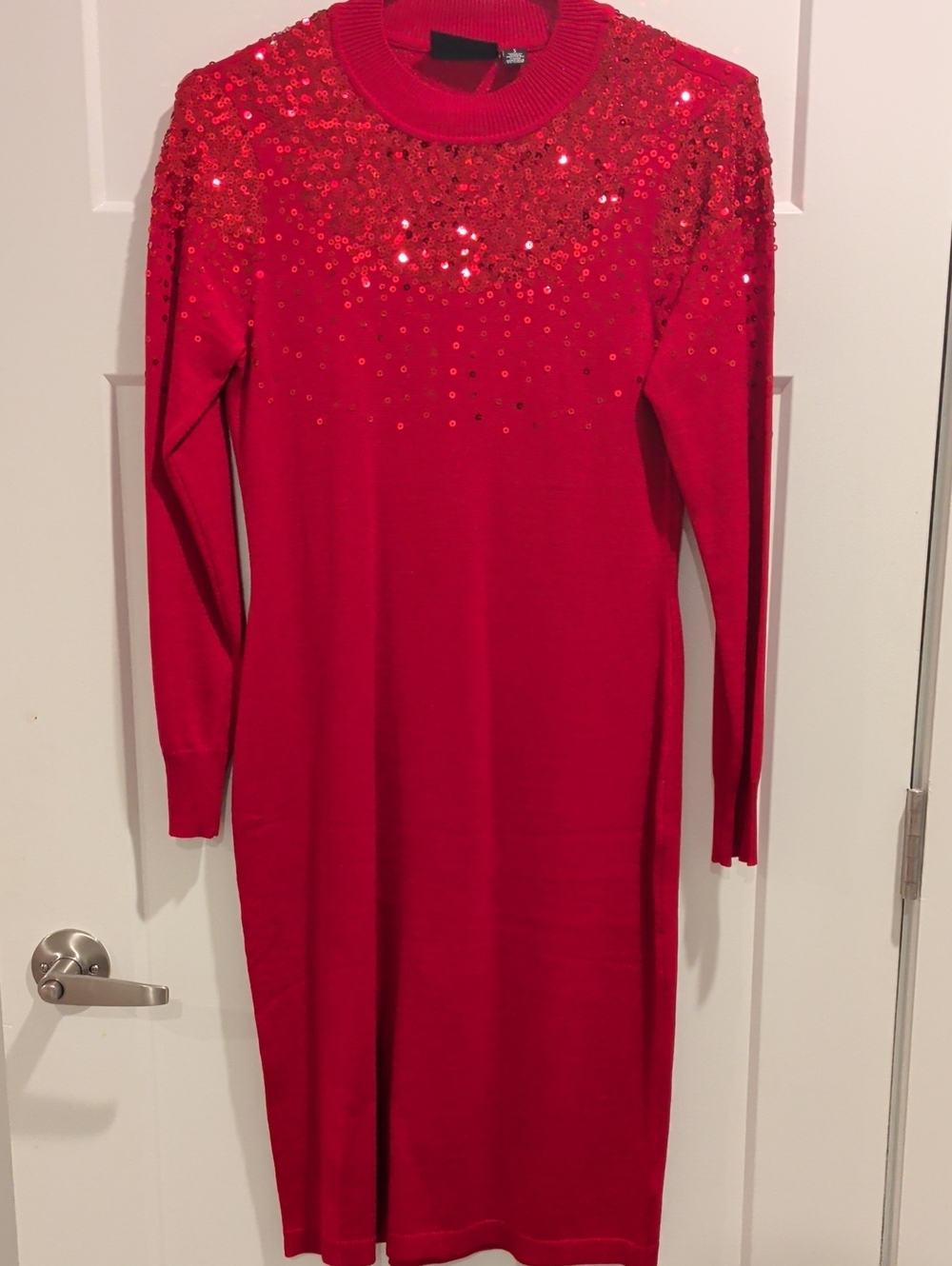 Nina Leonard Red Sequin Yoke Long Sleeve Sweater Dress